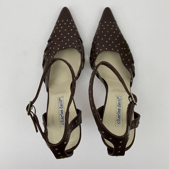 Charles David Brown Leather Studded Pointed Toe High Heels Ankle Strap Size 40 - Picture 6 of 10